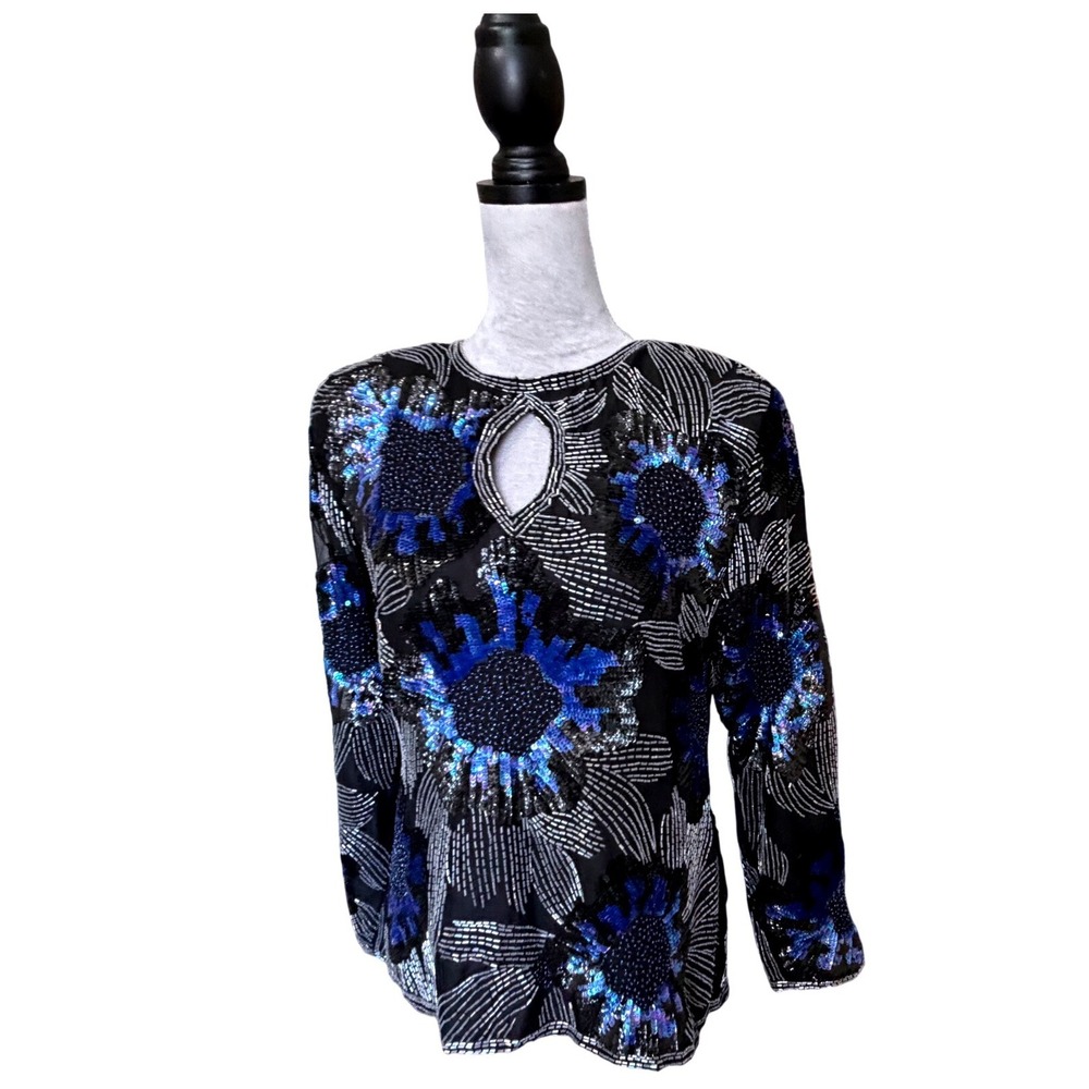 Vintage 80's Vibe Patra Beaded Sequin‎ Blouse Blue Black Floral Top Size 12